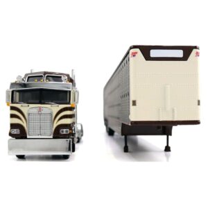 1/64 Kenworth K100 COE Semi Truck with Wilson Spread Axle Livestock Trailer, Brown/Cream, DCP by First Gear